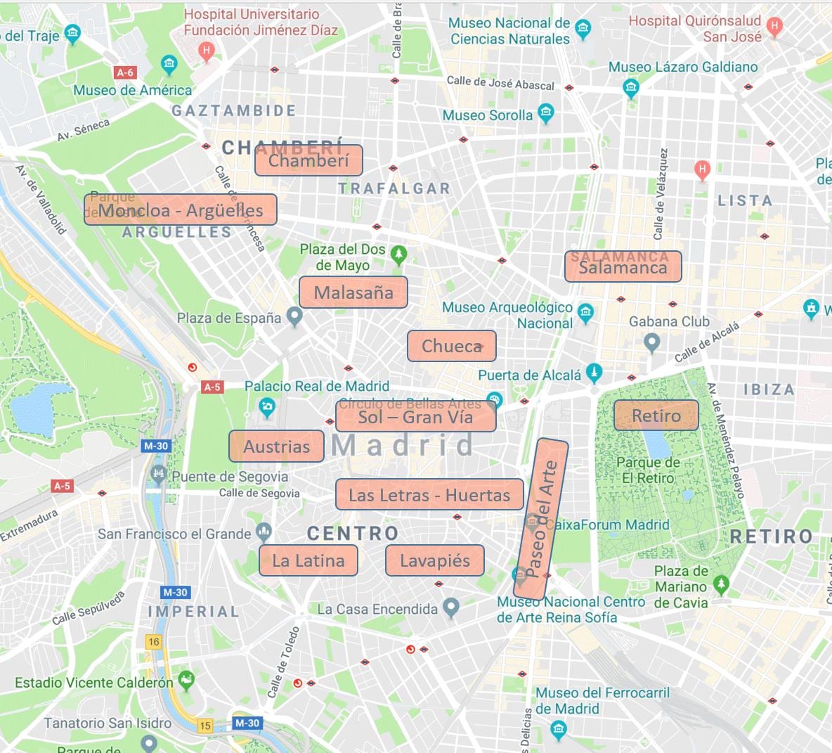 mapa Madryt, Hiszpania dzielnice